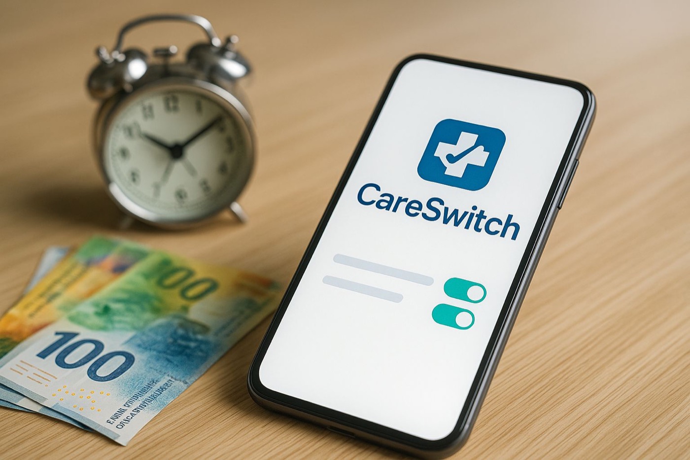 Ein Mobiltelefon zeigt die CareSwitch-App, daneben Banknoten und ein Wecker