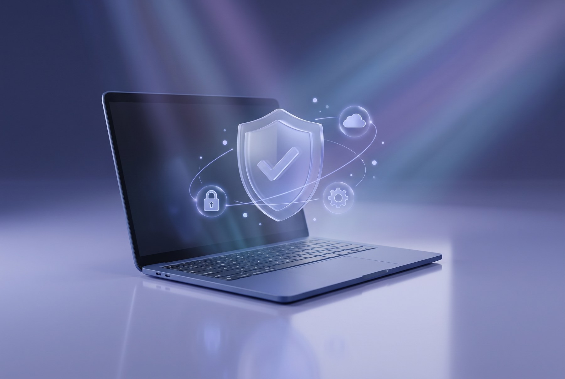 Ein Laptop mit einem leuchtenden Schutzschild — Sinnbild für den IT-Service