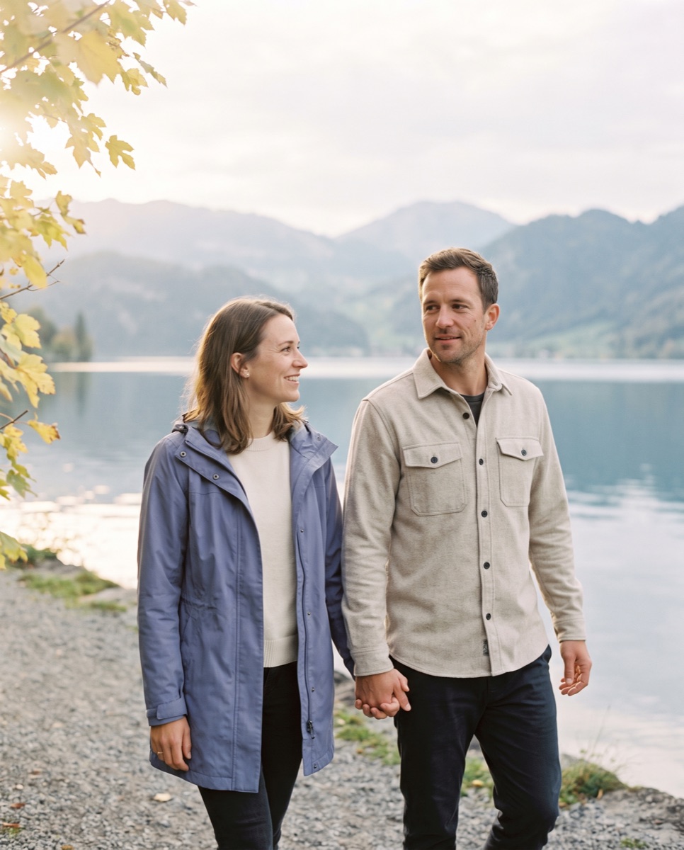 A couple walks beside a lake in Switzerland.